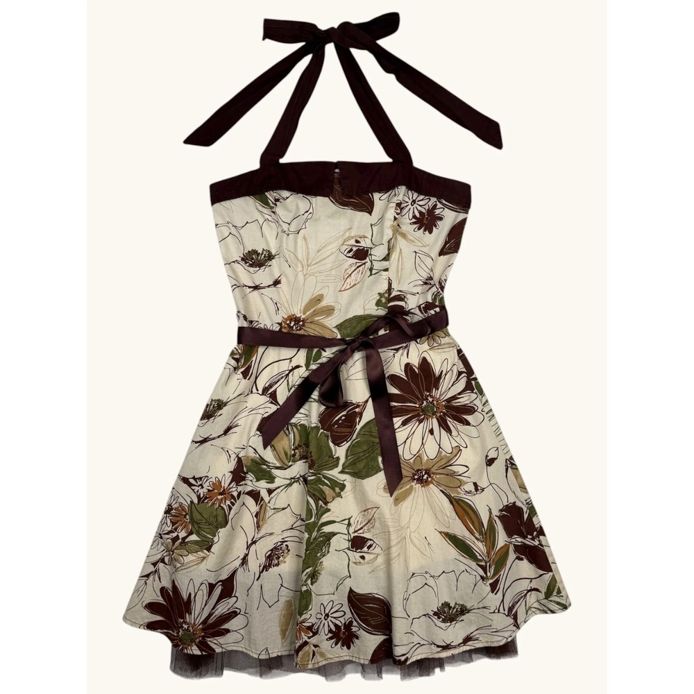 Pulse Floral Halter Dress Brown Cream Green Tulle Trim Retro Fit Flare Medium